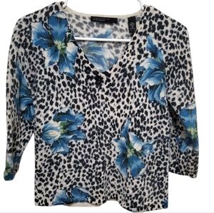 Lord & Taylor Black & White Leopard V-Neck Top with Blue Floral Accents